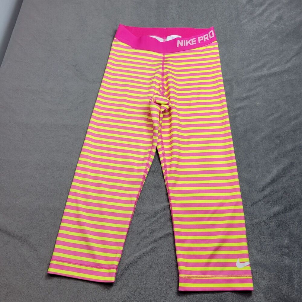 Nike Pro XS Womens Dri-Fit Pink‎ & Yellow Striped Compression Capris